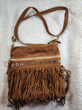 Fringe Faux  Suede Crossbody Bag Brown Grommet Zipper Adjustable Strap Boho